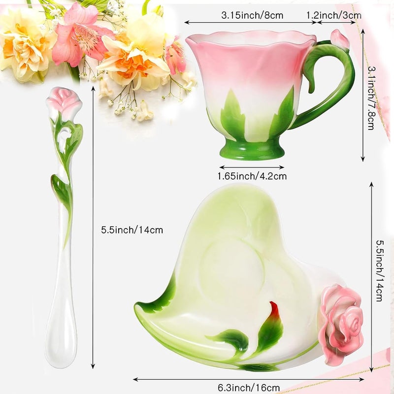 ONEUSTAR Pink Tea Cup and Saucer Set for 1 Ceramic Hand Crafted Rose Flower Coffee Cup for Mother's Day Thanksgiving Wedding Birthday Gift for Women, 6 Oz - Image 5